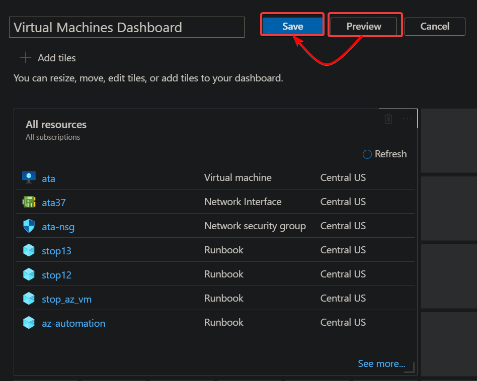 Previewing the dashboard with added tiles