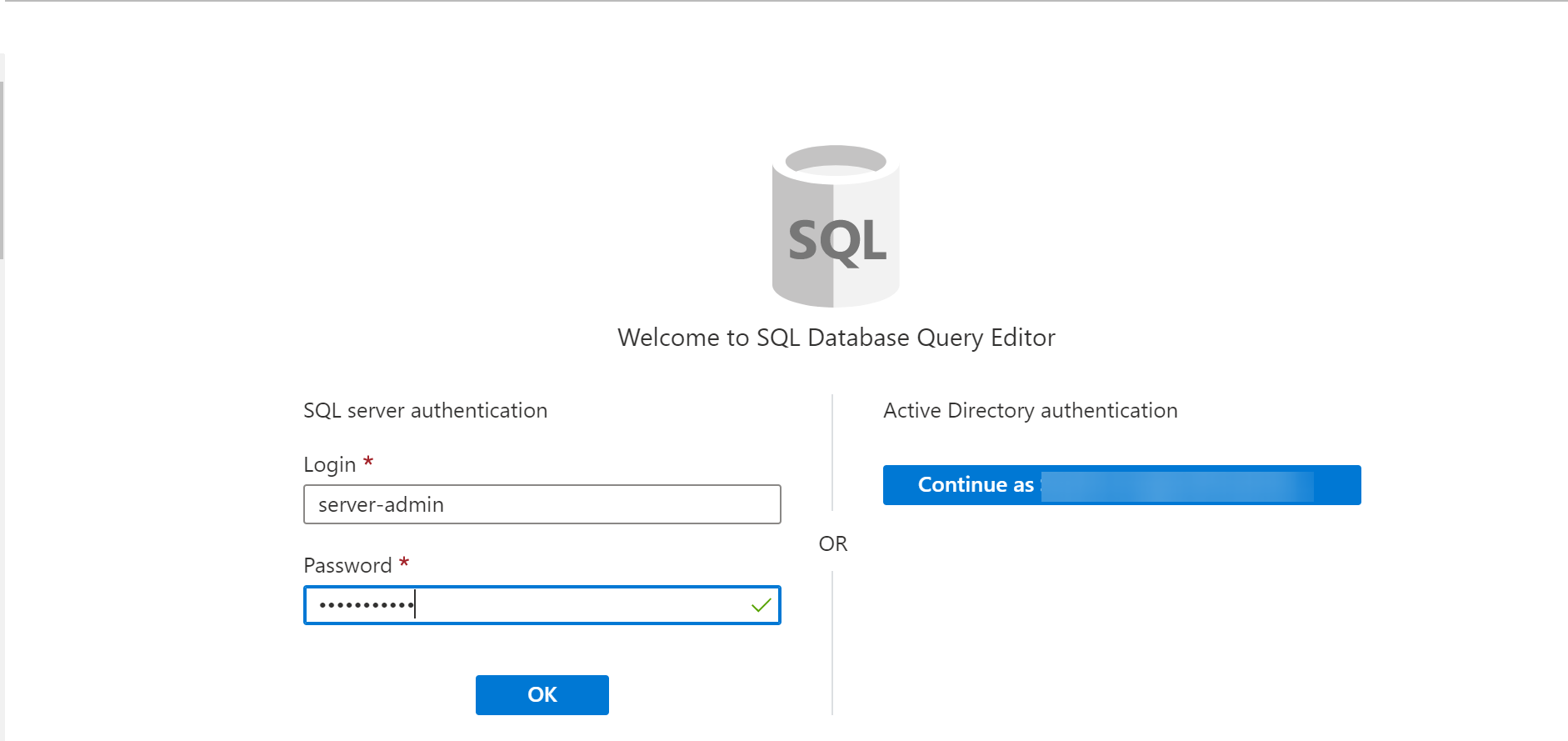 Signing into SQL query editor