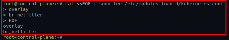 Creating a file to load the kernel modules (overlay and br_netfilter)