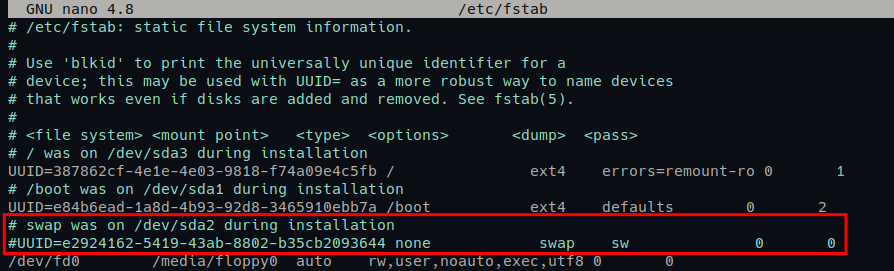 Commenting out SWAP in the /etc/fstab configuration file