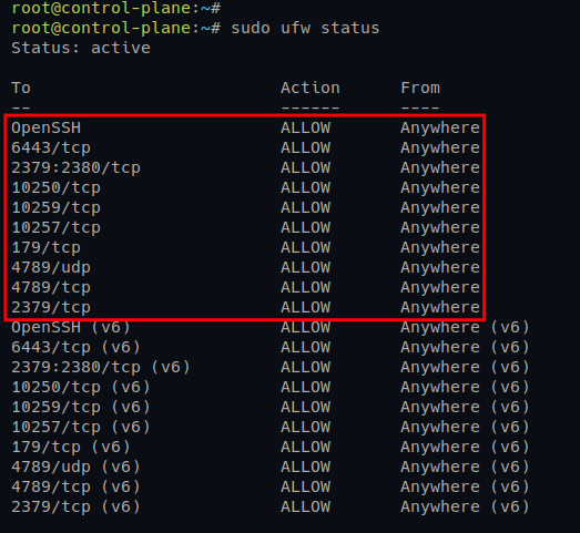 Viewing the UFW firewall status on Kubernetes Control Plane