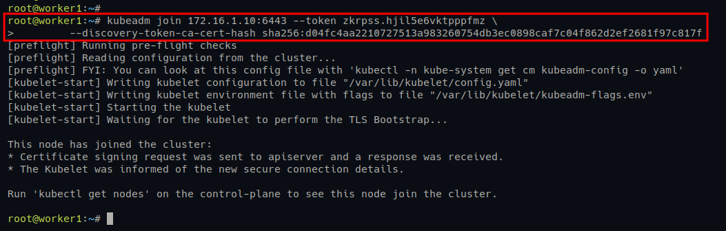 Adding the worker1 server to Kubernetes Cluster