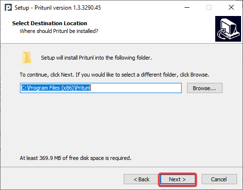 Selecting an install location for the Pritunl client