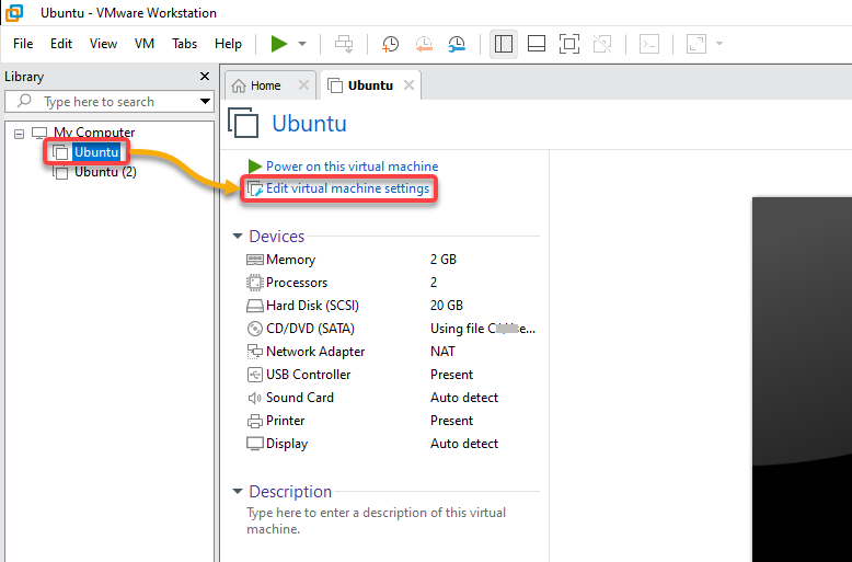 Accessing the VM settings