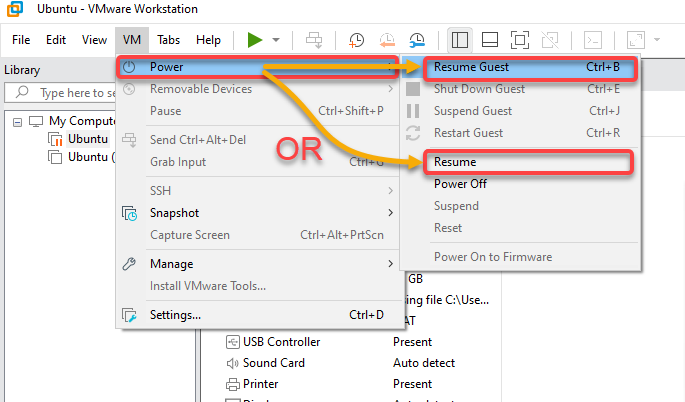 Resuming the VM