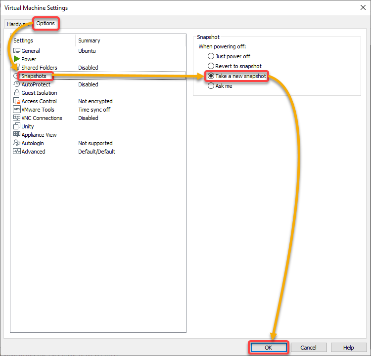 Setting VMware to take a snapshot as the VM powers off