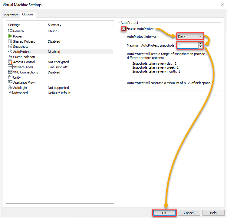 Setting snapshot intervals and maximum snapshots to keep