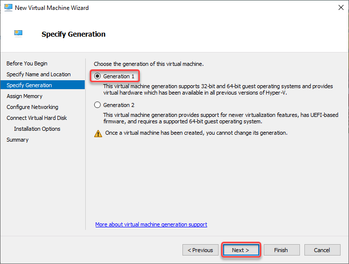 Choosing the VM generation type