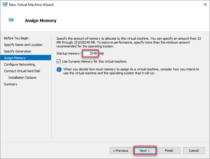 Assigning memory for the new VM