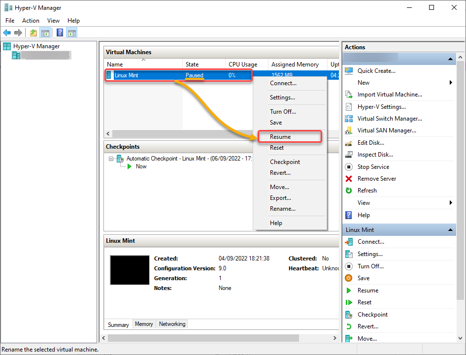 Resuming a paused VM