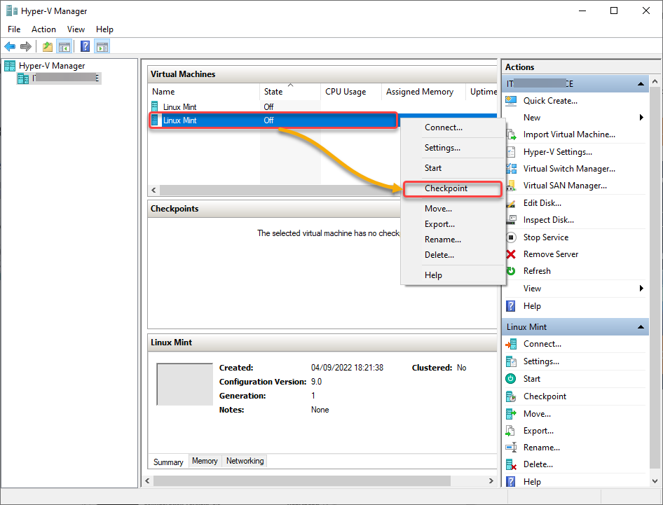 Creating a VM checkpoint