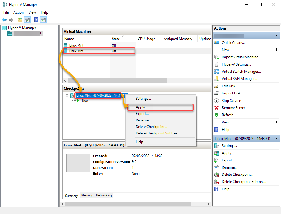 Reverting to the previously exported VM