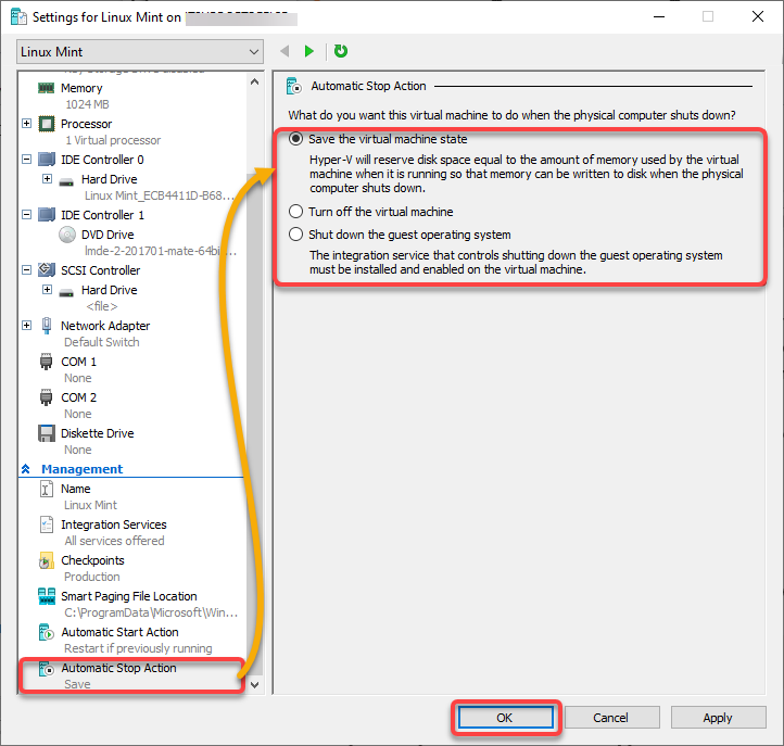 Setting the VM’s Automatic Stop Action 