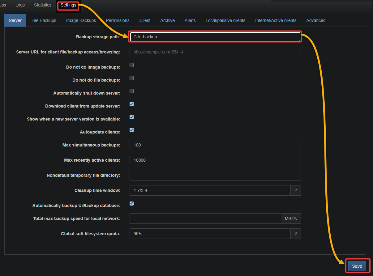 Configuring UrBackup storage path