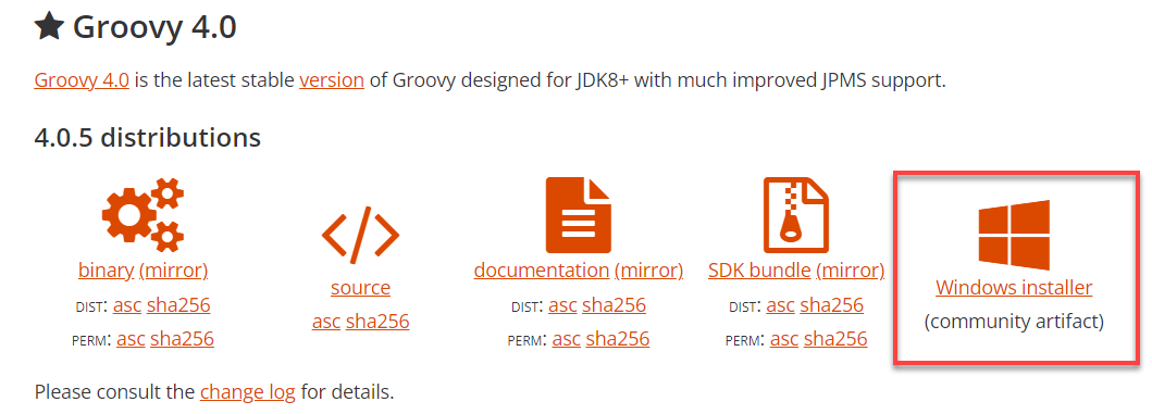 Accessing Groovy’s Windows installer’s download link