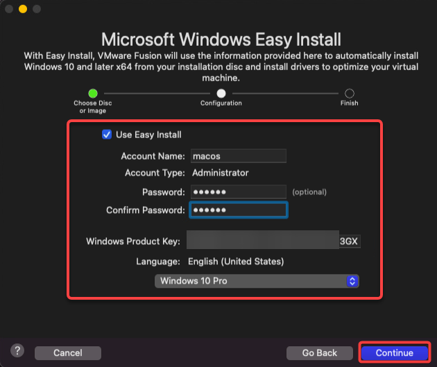 Setting Easy Install information for the new VM