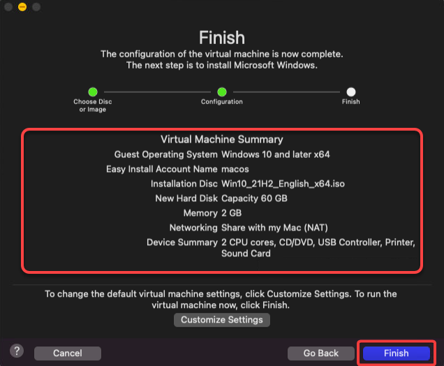 Creating the new VM against the selected settings