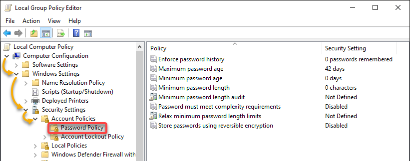 Navigating to the Password policy