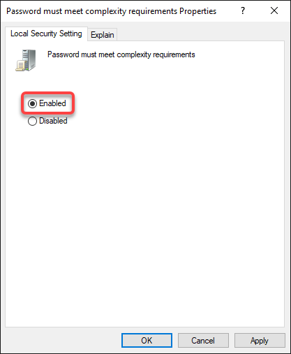 Enabling password complexity requirement enforcement