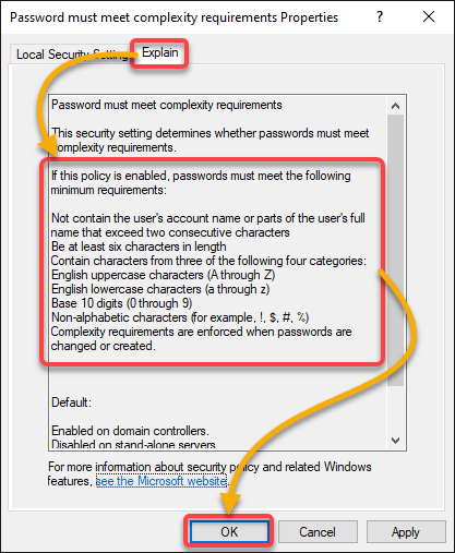 Viewing the minimum complexity requirements