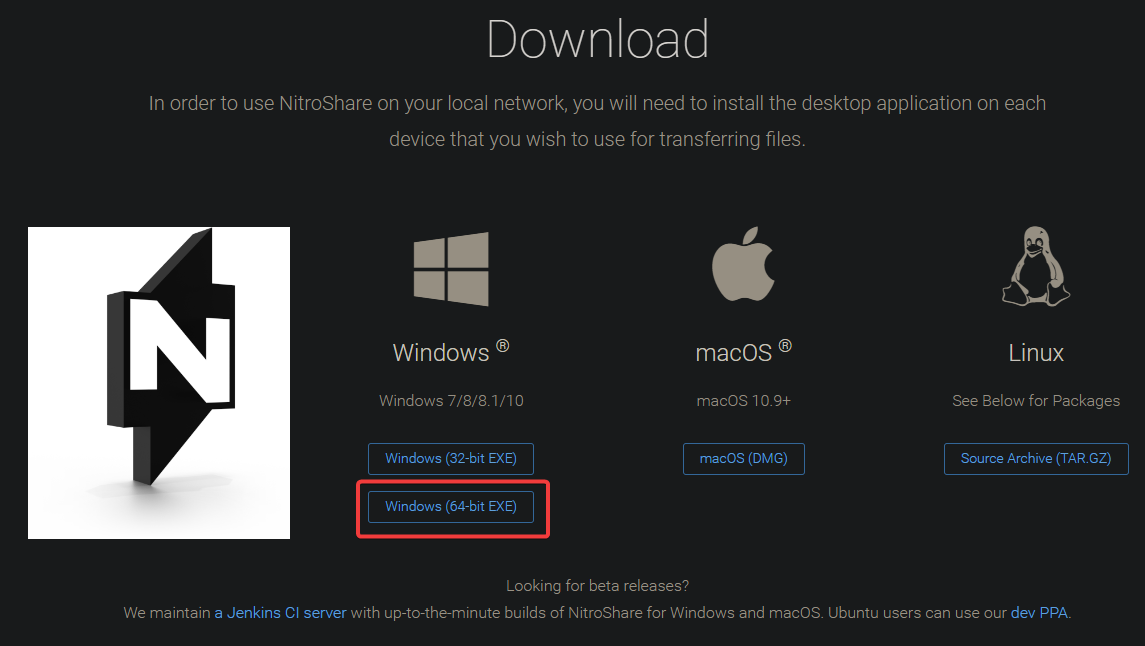 Downloading NitroShare 64-bit installer for Windows