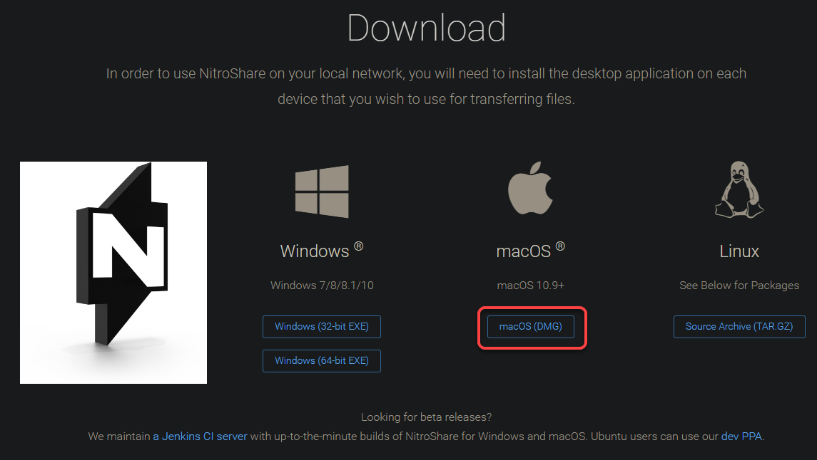 Downloading NitroShare Installer for macOS
