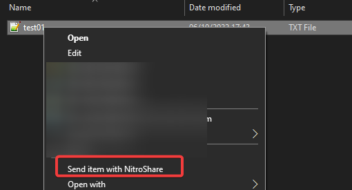 Select Send item with NitroShare 