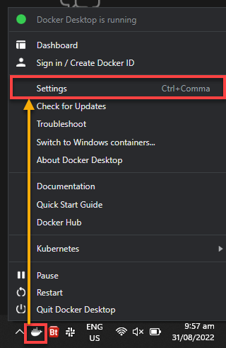 Opening the Docker Desktop settings