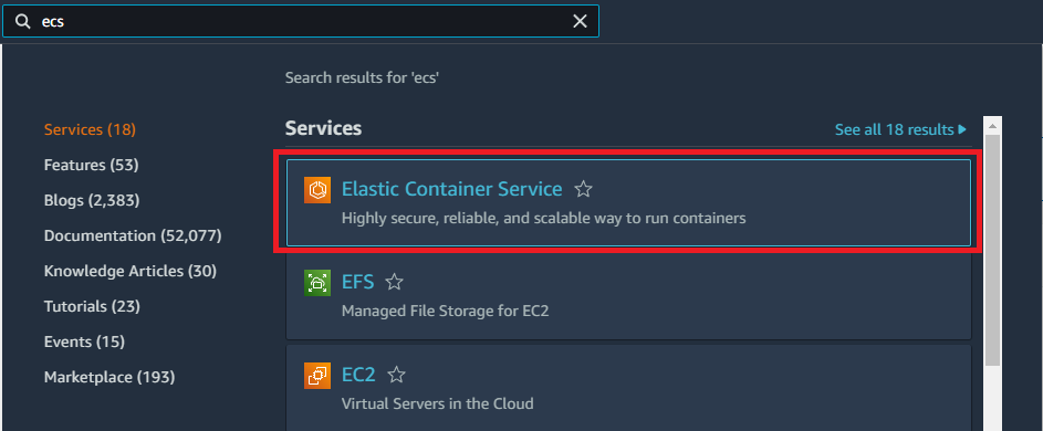 Searching Elastic Container Service in the search bar