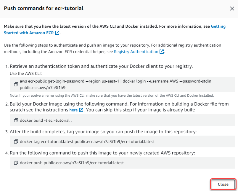 Viewing the Docker image push commands