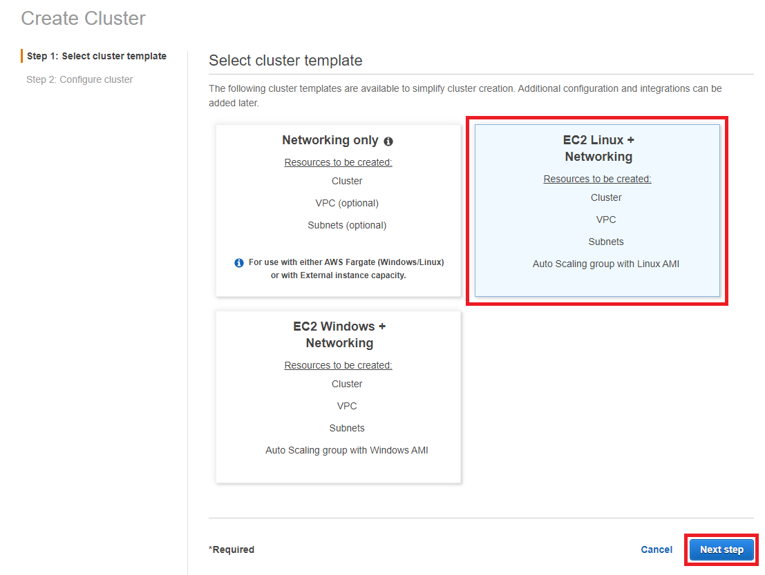 Selecting the ECS cluster template