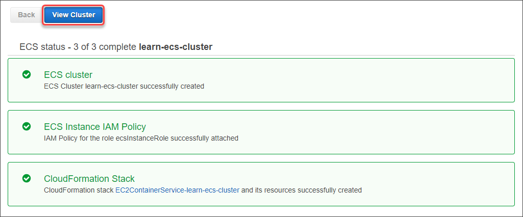 ECS Cluster creation result