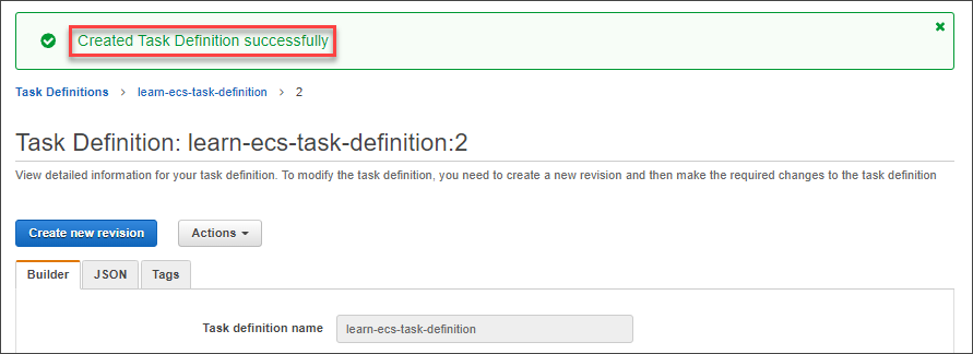 Task definition creation result