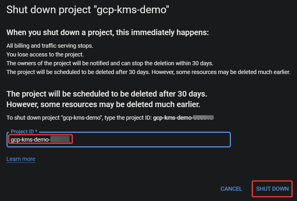 Confirming Google Cloud project deletion