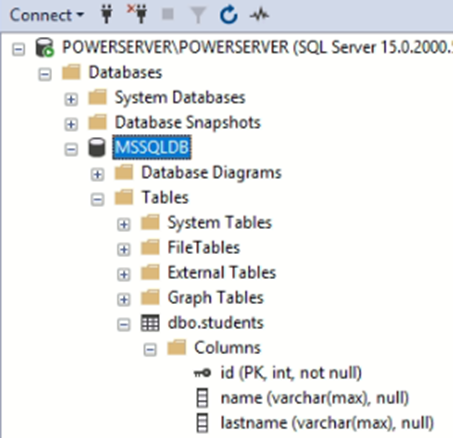 Verifying Database and tables on SSMS.