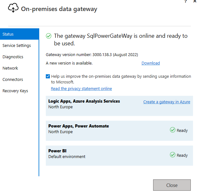 Checking if the On-premises data gateway is online