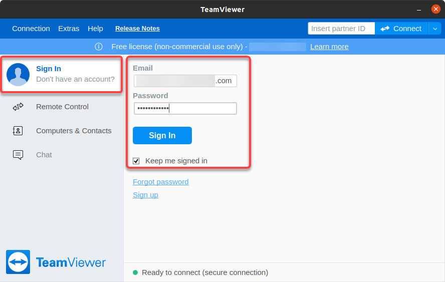 Signing in to TeamViewer