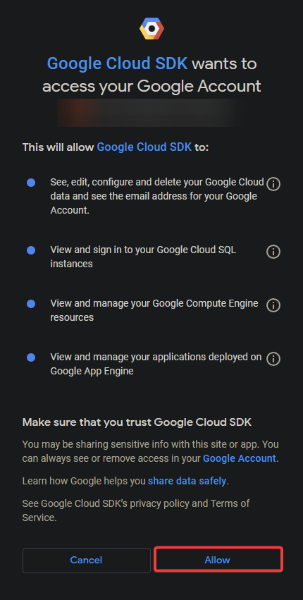 Granting the Google Cloud SDK the required permissions