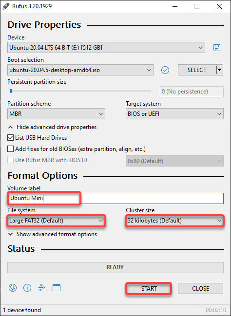 Configuring the USB drive format options