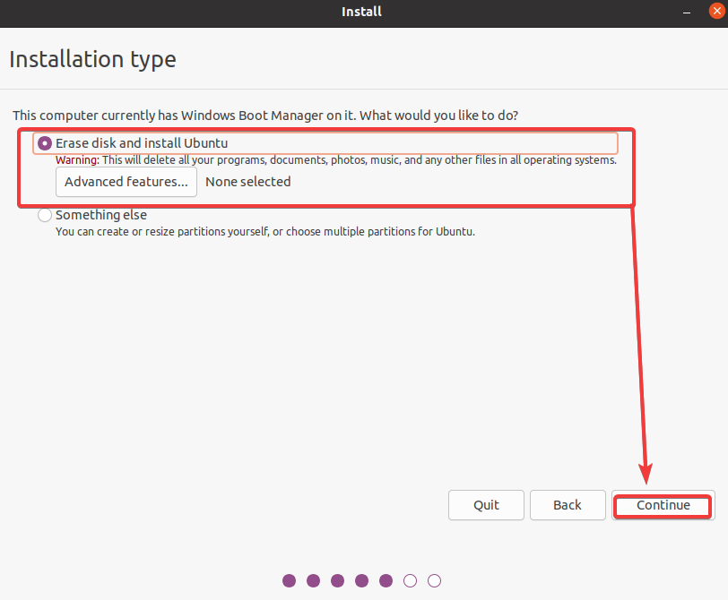 Choosing to erase the disk and install Ubuntu