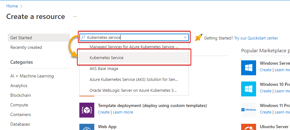 Searching for the Kubernetes Service in the Azure Marketplace