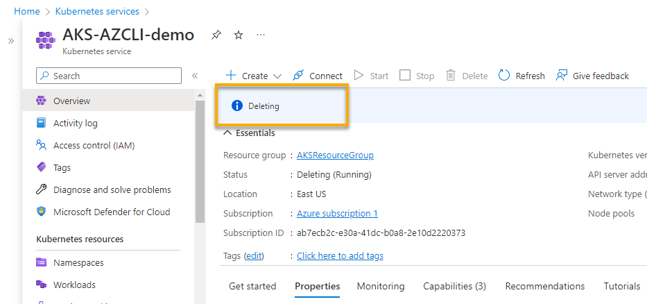 Viewing the cluster deletion in Azure Portal
