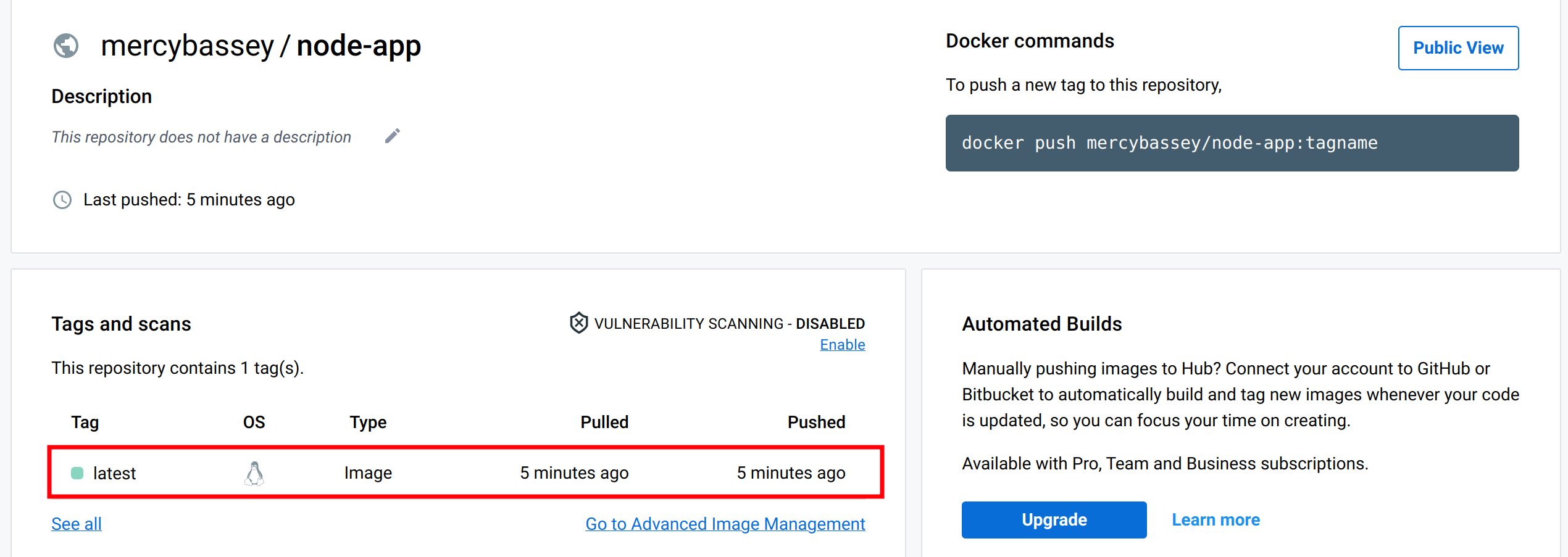 Verifying the image was pushed successfully to the Docker Hub repository