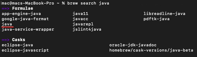 Searching for the available Java formula