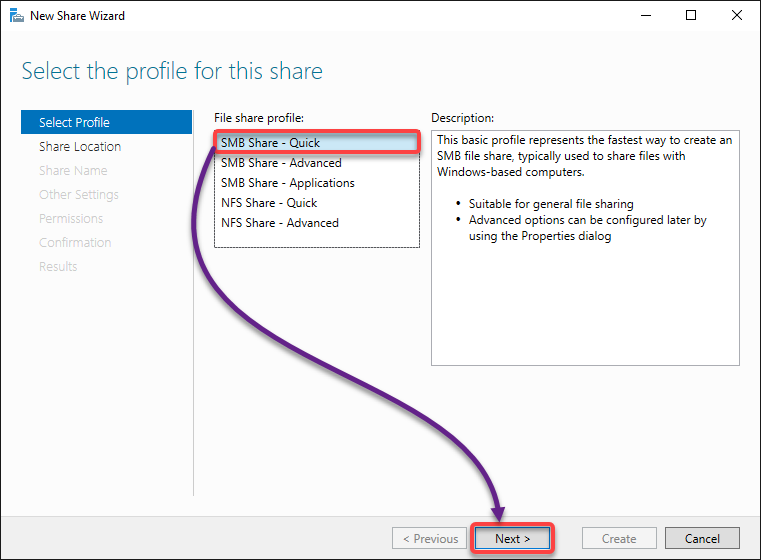 Choosing a file share profile (SMB Share - Quick)