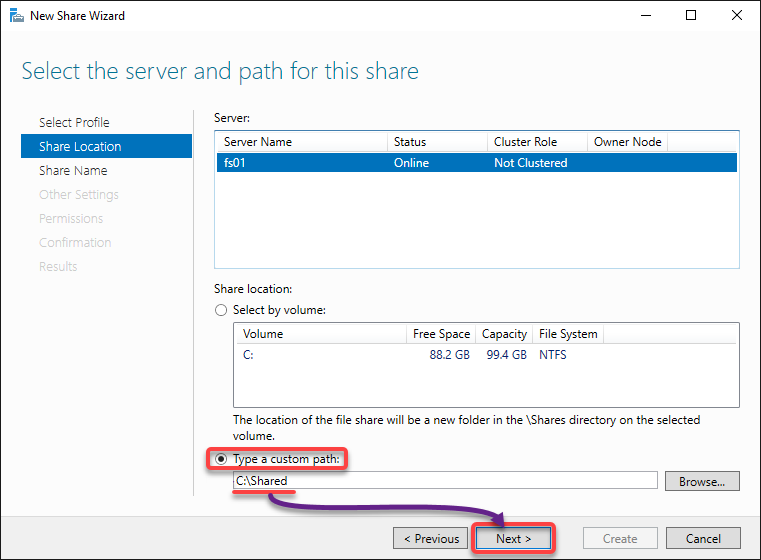 Choosing a custom share path