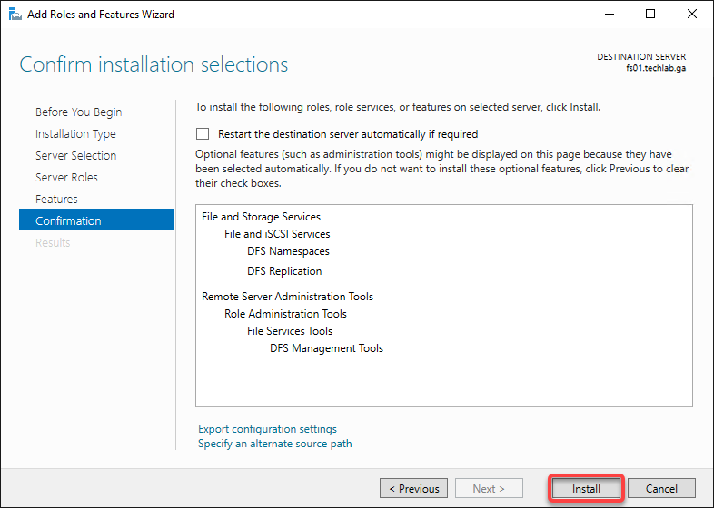 Installing the selected roles and features