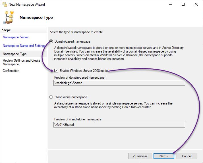 Choosing the namespace type to domain-based