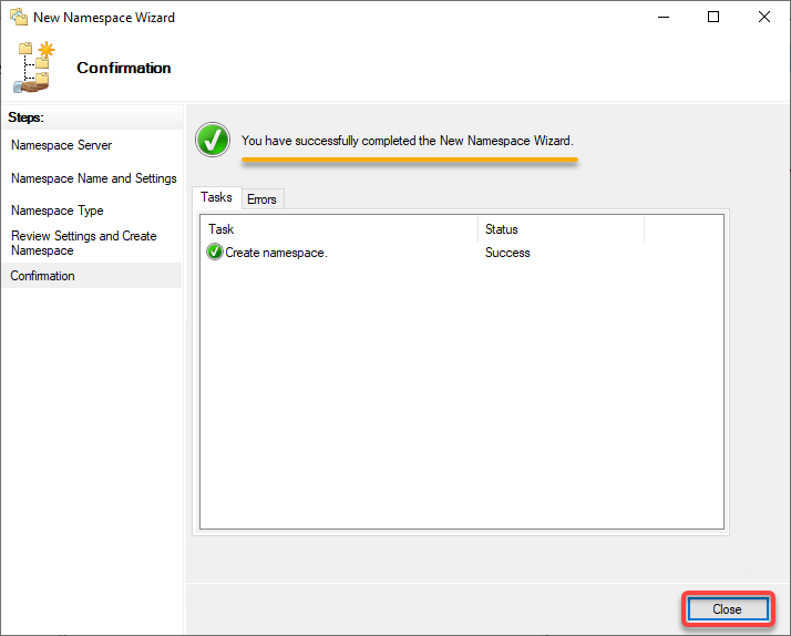 Closing the New Namespace Wizard