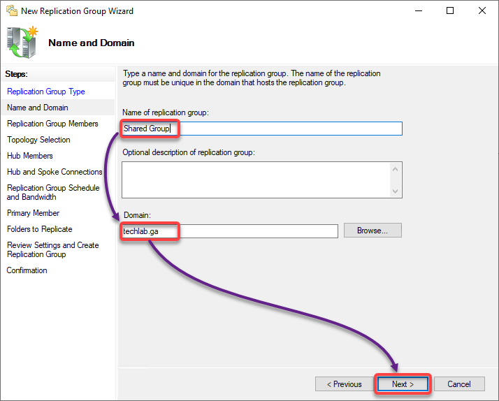 Choosing a name and domain for the replication group